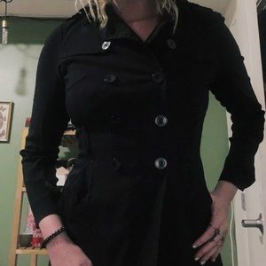 Double breasted black trench coat